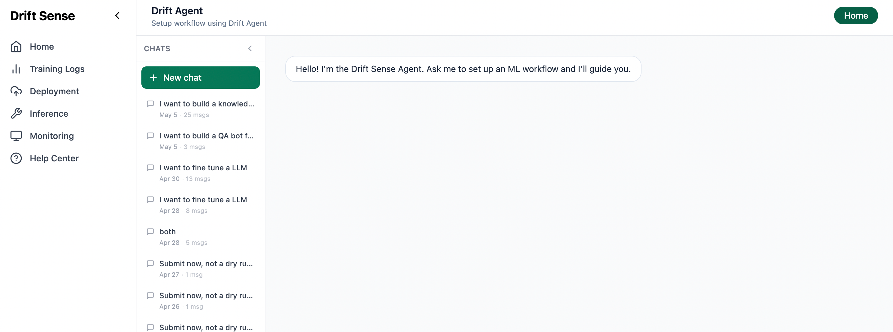 Drift Agent chat home with saved conversations