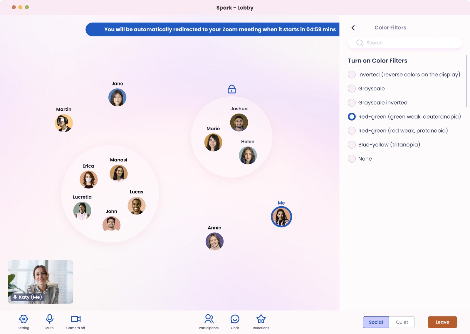Spark accessibility settings panel with color filter options and live transcripts