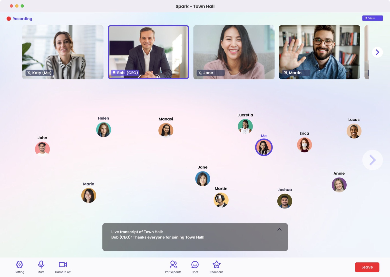 Spark Lobby Social Mode — bubble groups with audio/video chat and a side message panel
