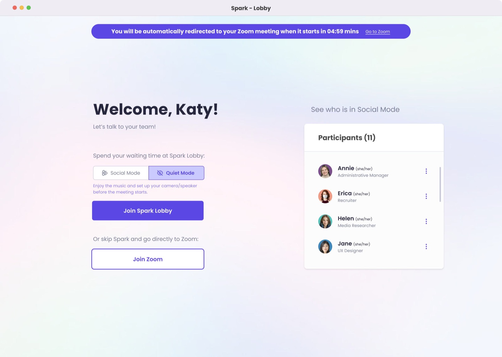 Spark Lobby Zoom workflow — welcome screen with a countdown to automatic redirect into Zoom