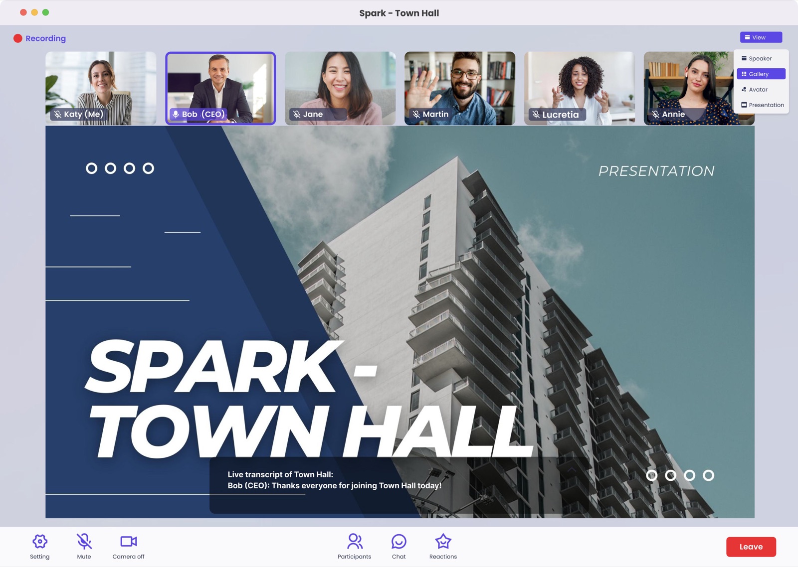 Spark Town Hall presentation view with a branded slide and live transcript