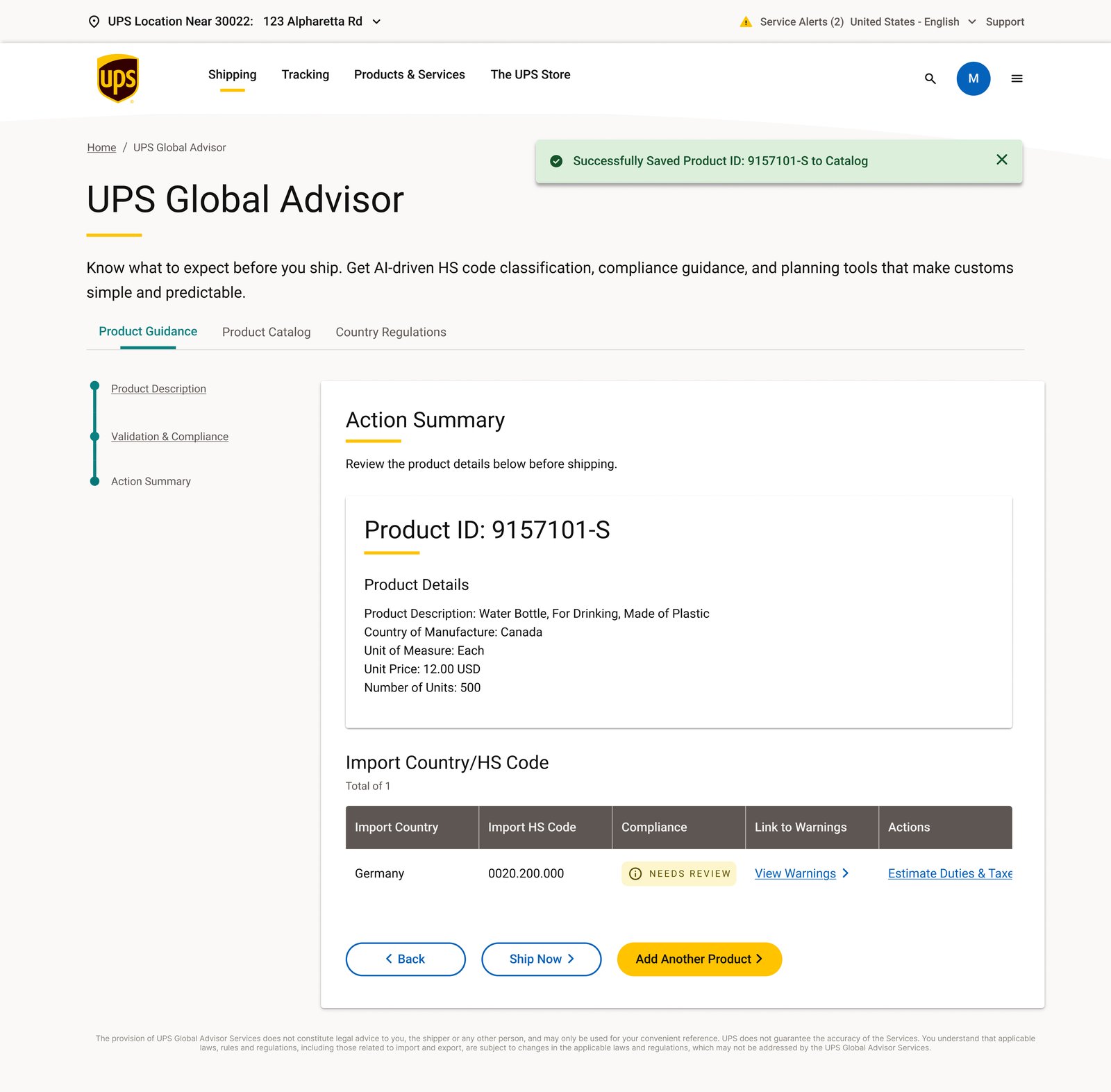 Action Summary with saved product confirmation