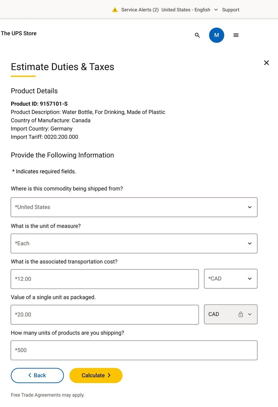 Estimate Duties and Taxes drawer with product details at top and fields for ship-from country, unit of measure, transportation cost, unit value, and quantity