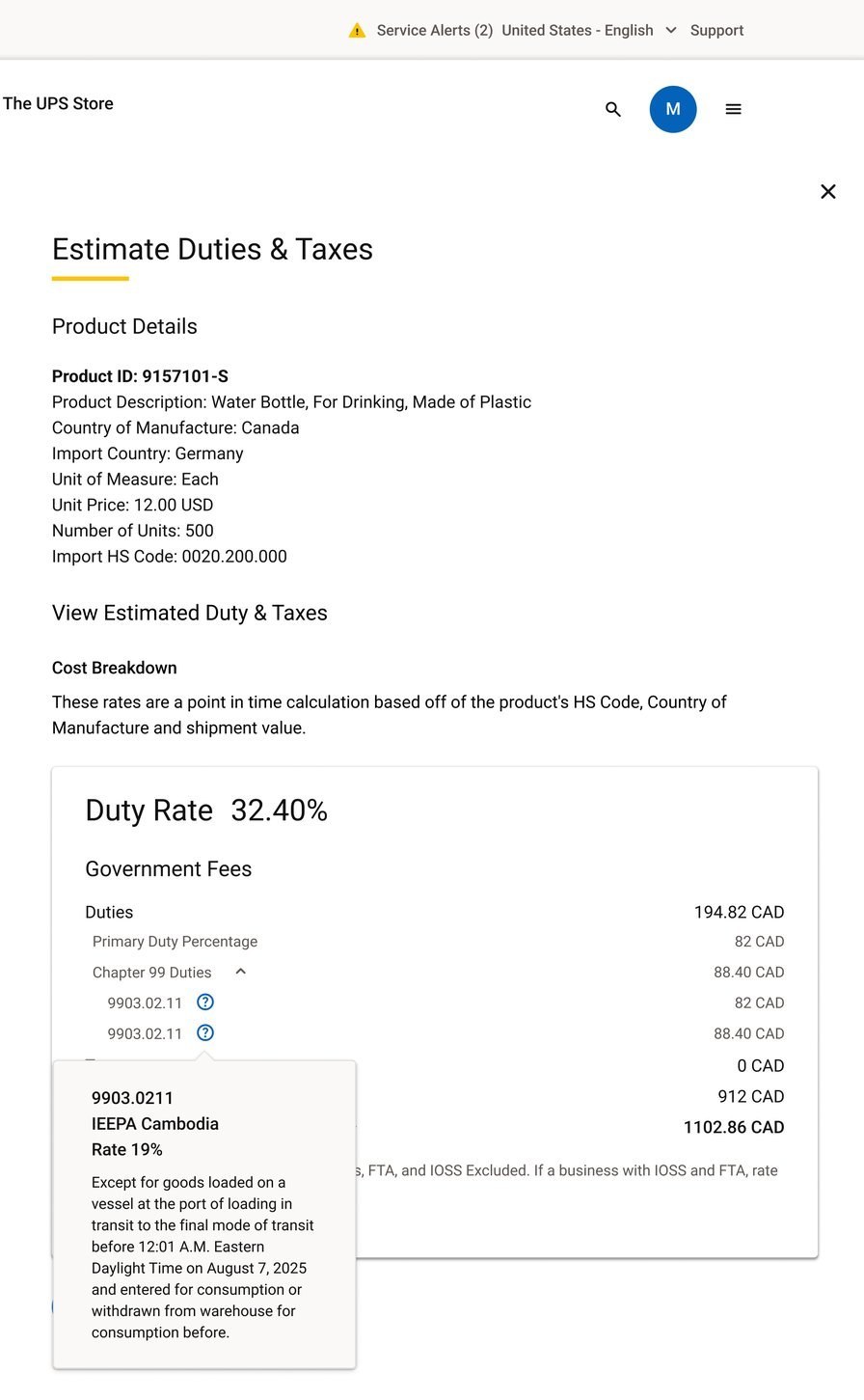 Estimated duties and taxes cost breakdown