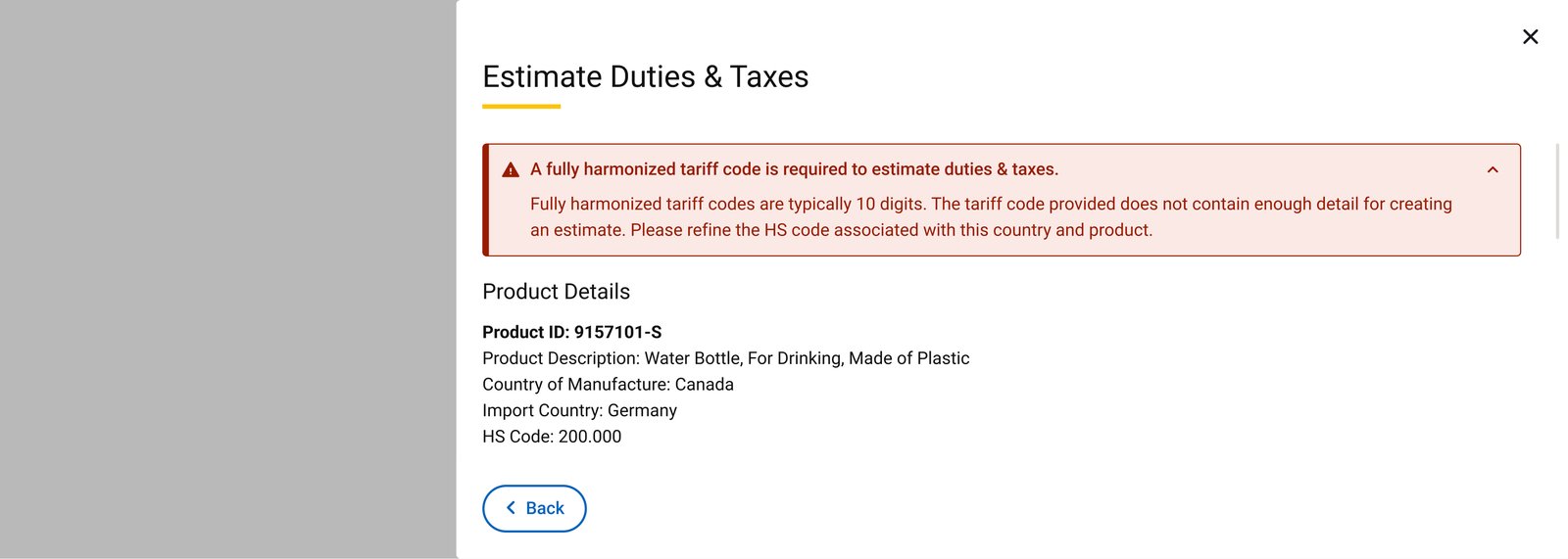 Insufficient HS code error for duty estimate