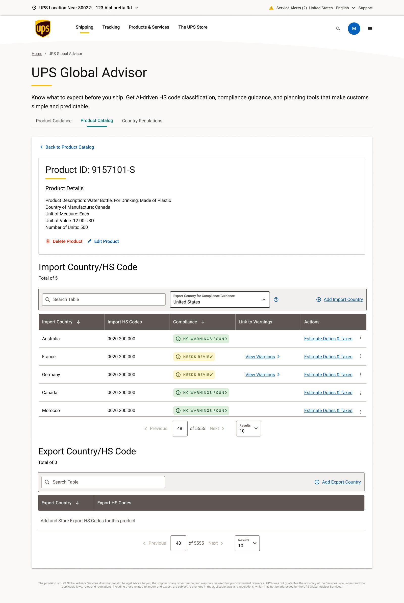 Product detail page showing one product with five import countries, each with its own HS code and compliance status