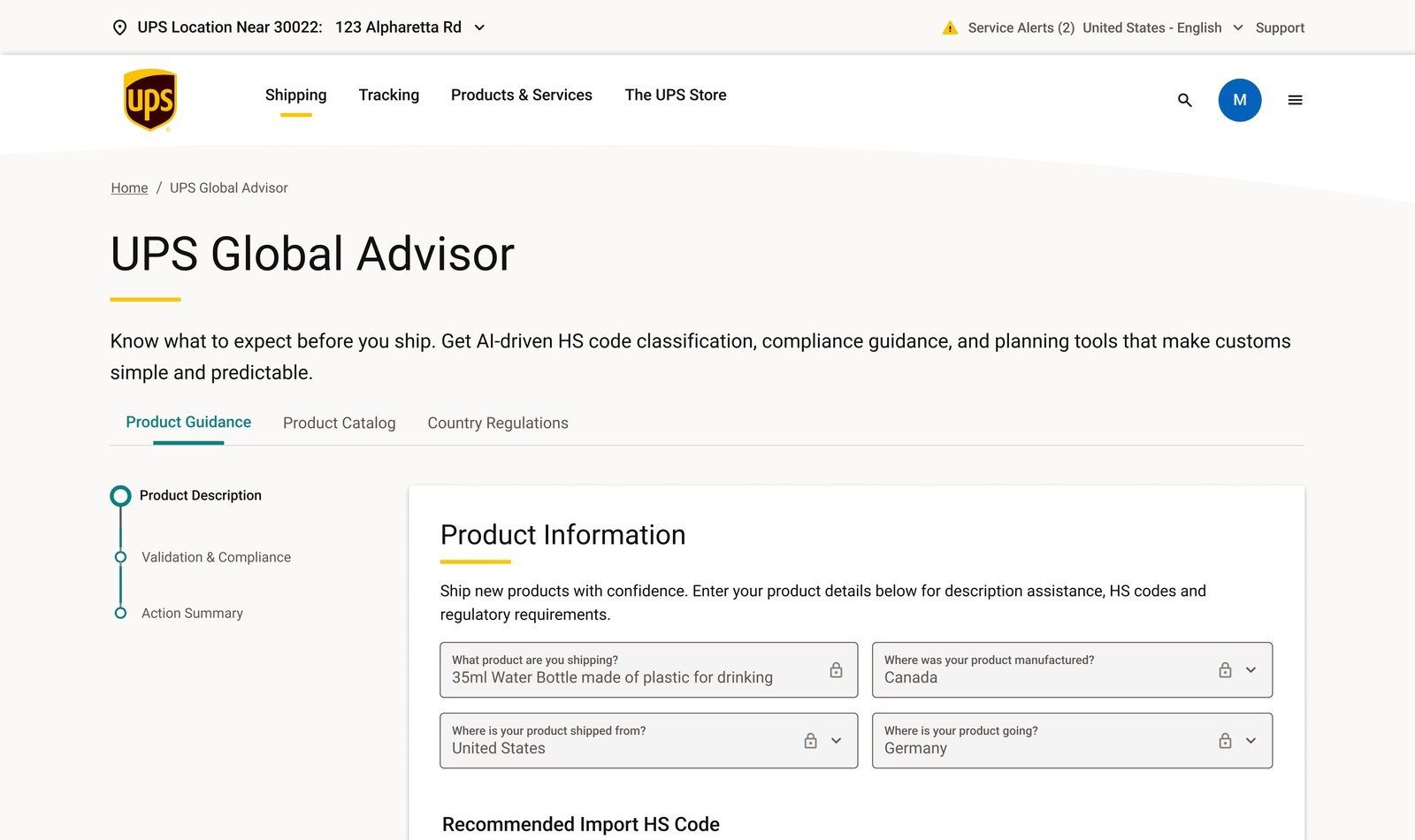 Product and country information form